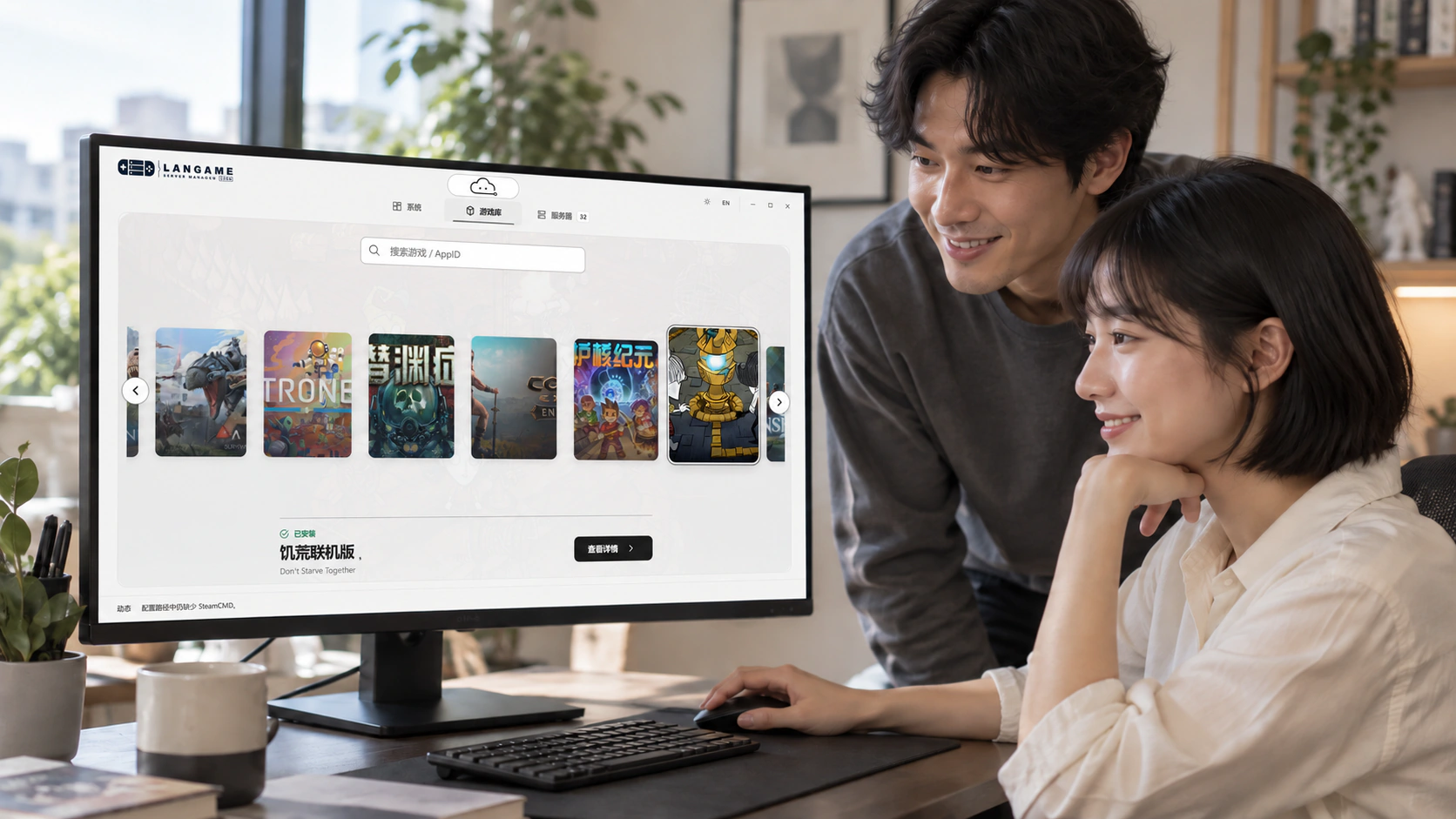 Two adult friends browsing the LGSM game library: an AI-generated scene composited with the real light-theme interface, with an illustrative desktop visible around the window