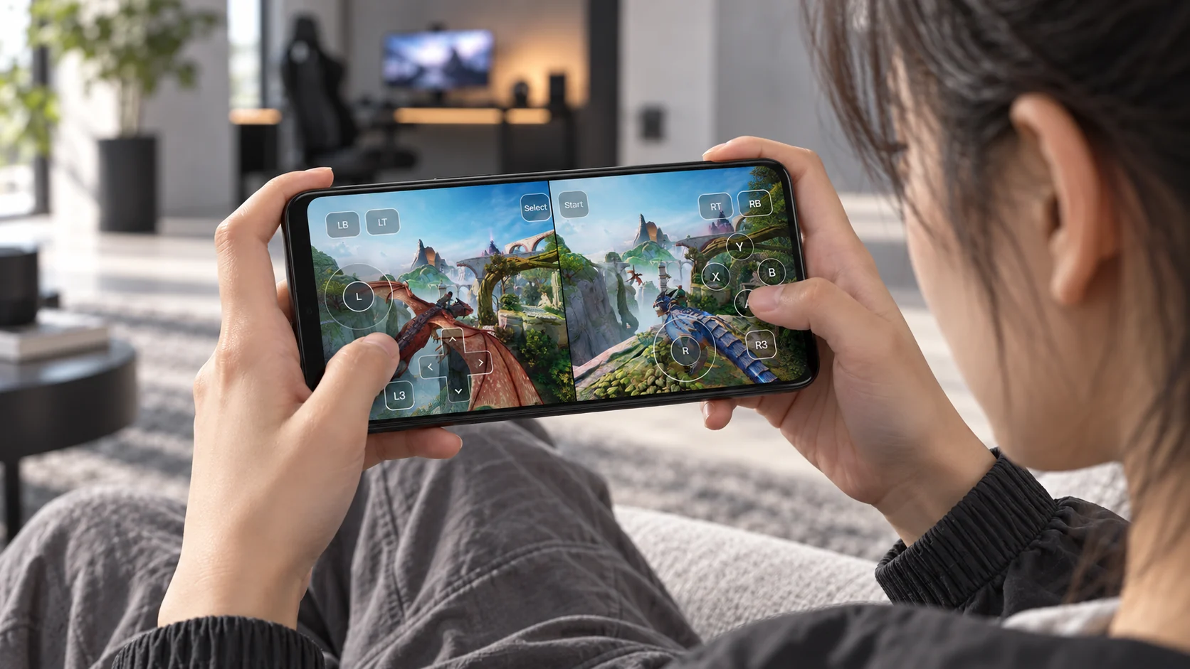 A phone showing Split Fiction's two-player split-screen game view and Lunet's current touch controls, with an adult playing in landscape on a light-gray sofa; an AI-generated illustrative scene