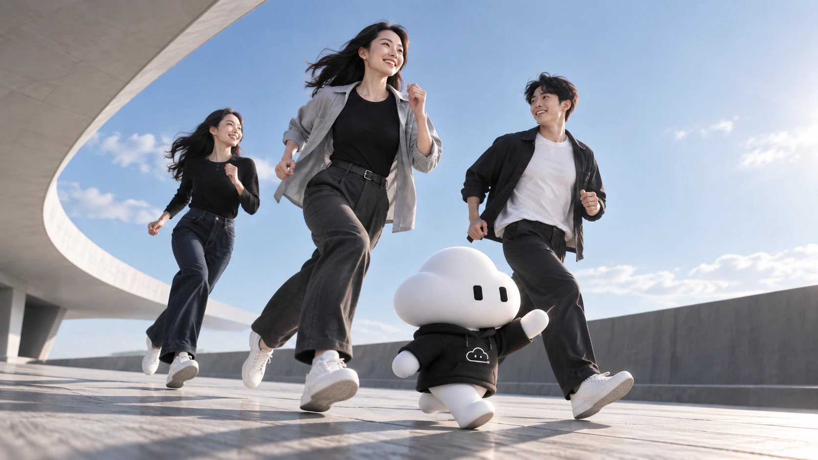 A low-angle view of Lanlan (LAN) leading three adult friends as they run together; full figures, simple architecture, and the sky create depth in an AI-generated art scene about setting off to play together
