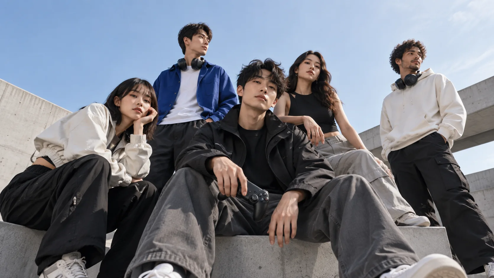 A low-angle group portrait of five adult gaming friends in black, white, gray, and blue clothing, holding a game controller in the foreground