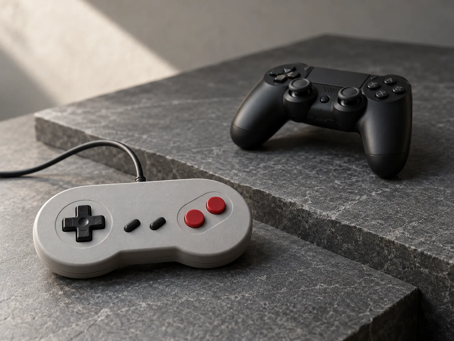 Classic and modern game controllers arranged at different angles on a gray stone surface