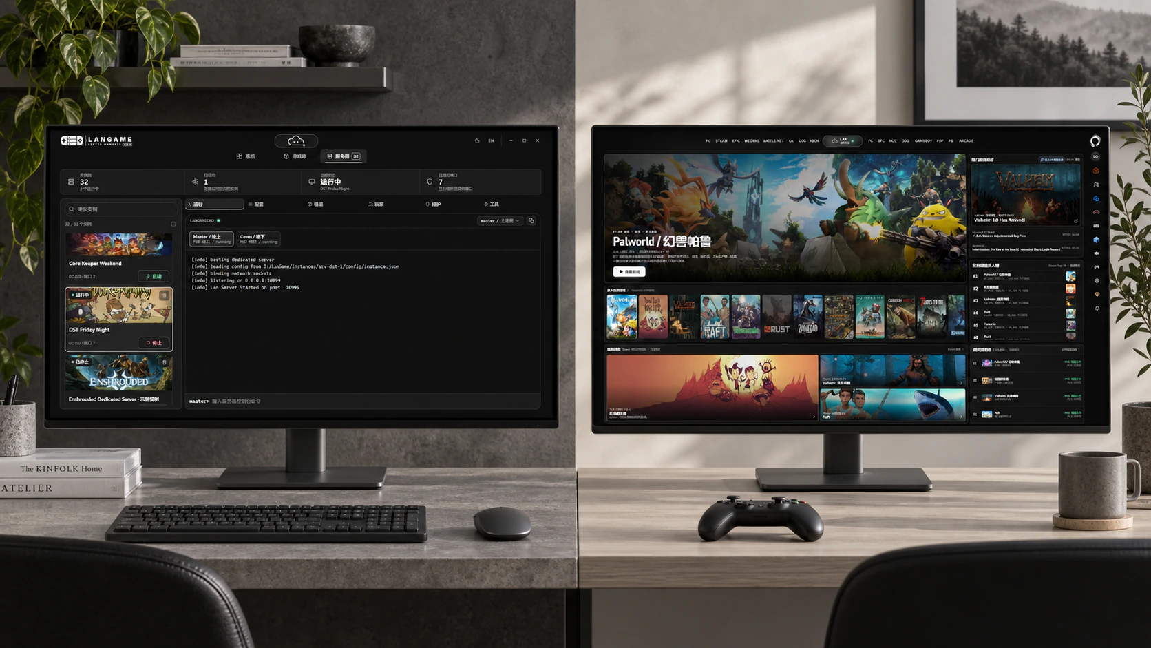 LGSM server management and Orbit's LGSM side panel in two separate workspaces; the right side lists joinable room services and LAN servers. An AI-generated photographic scene composited with current product component interfaces, using sample data
