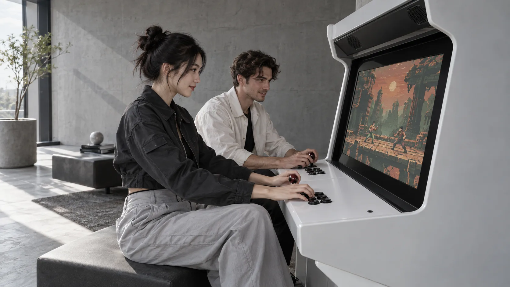 Two adult players using a two-player arcade cabinet together in a minimalist gray-and-white space; the screen shows an AI-generated pixel scene