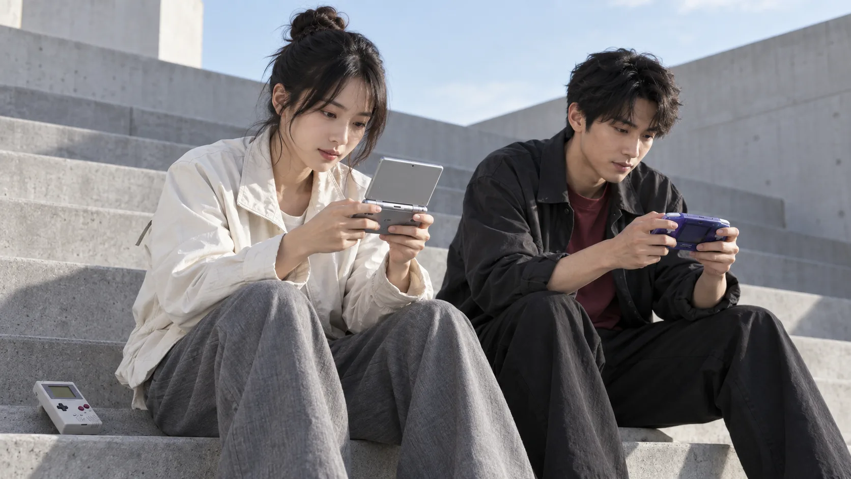 Two adult gamers in contemporary clothing using an NDS and GBA on gray architectural steps, with a Game Boy in the foreground; an AI-generated scene in natural colors