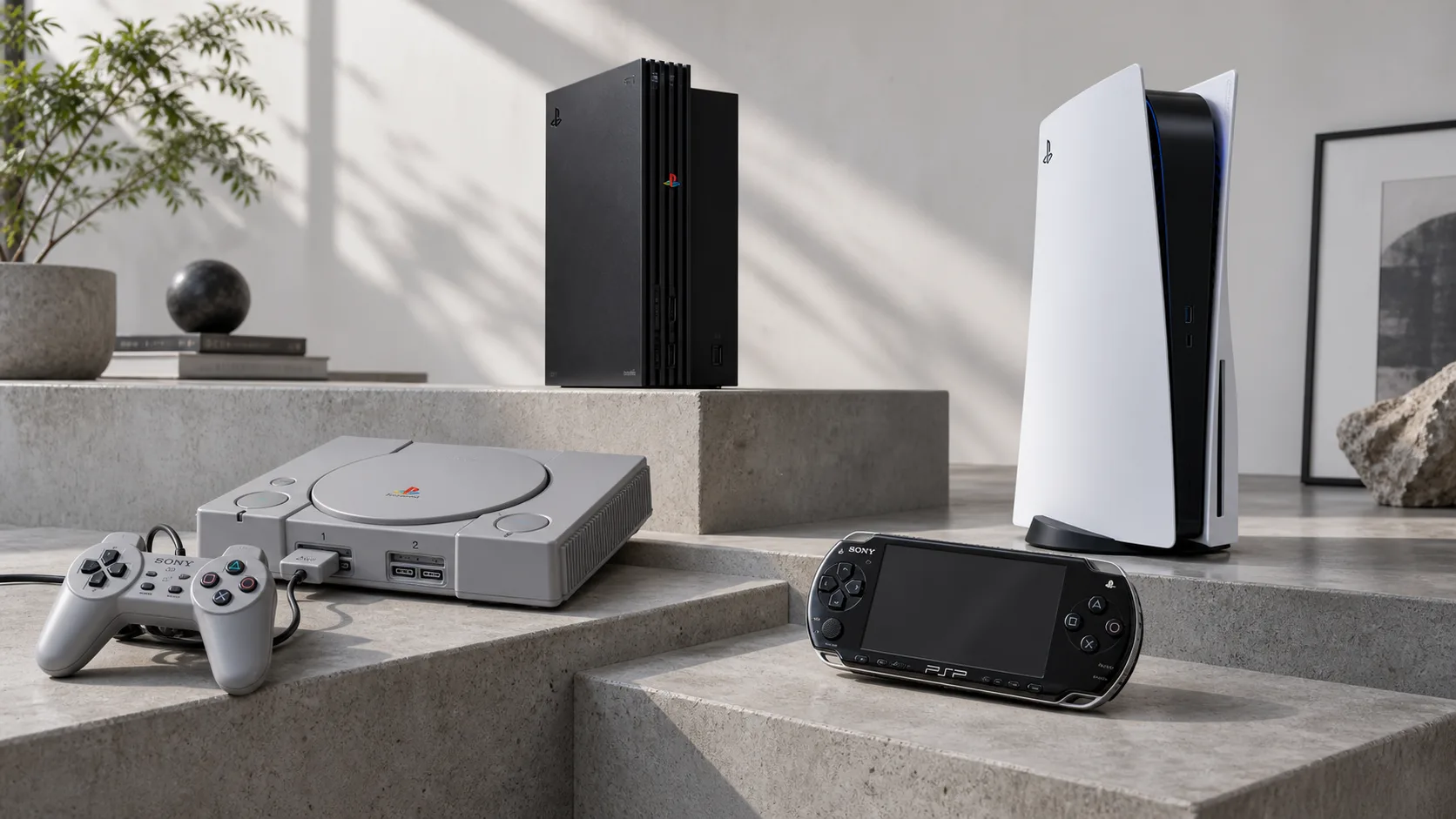 PlayStation, PS2, PS5, and PSP collectibles on gray stone steps, an AI-generated scene celebrating console culture