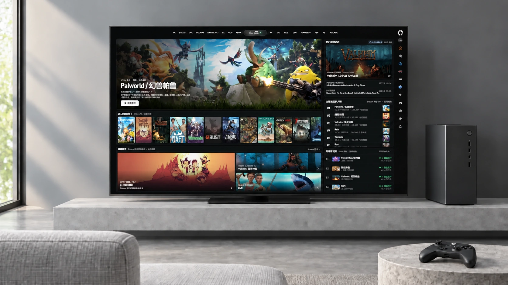An AI-generated living-room scene with a large display, composited with the real Orbit 4K component interface, including Steam announcements and sample rooms