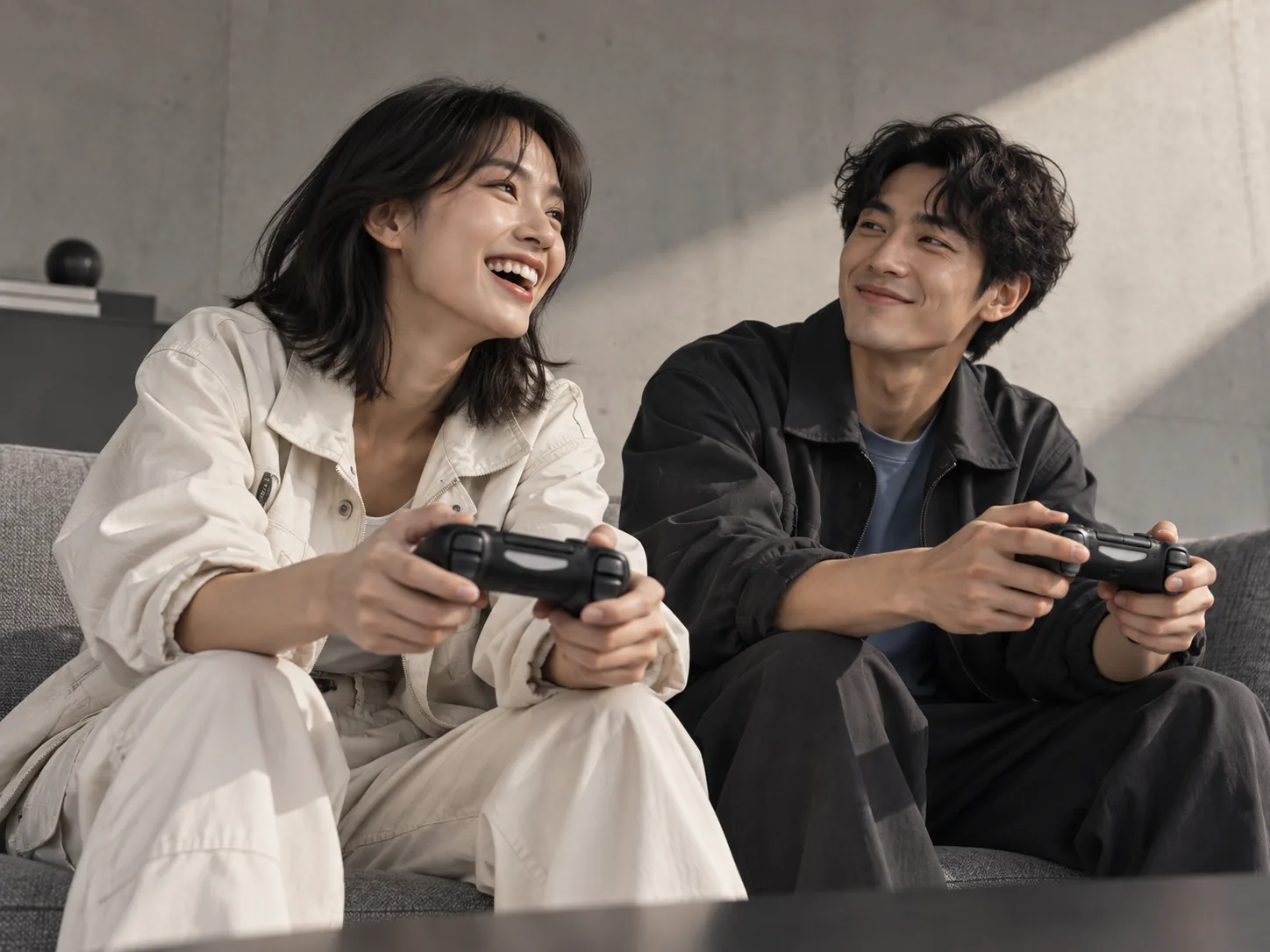 Two adult friends playing together with controllers in a relaxed setting