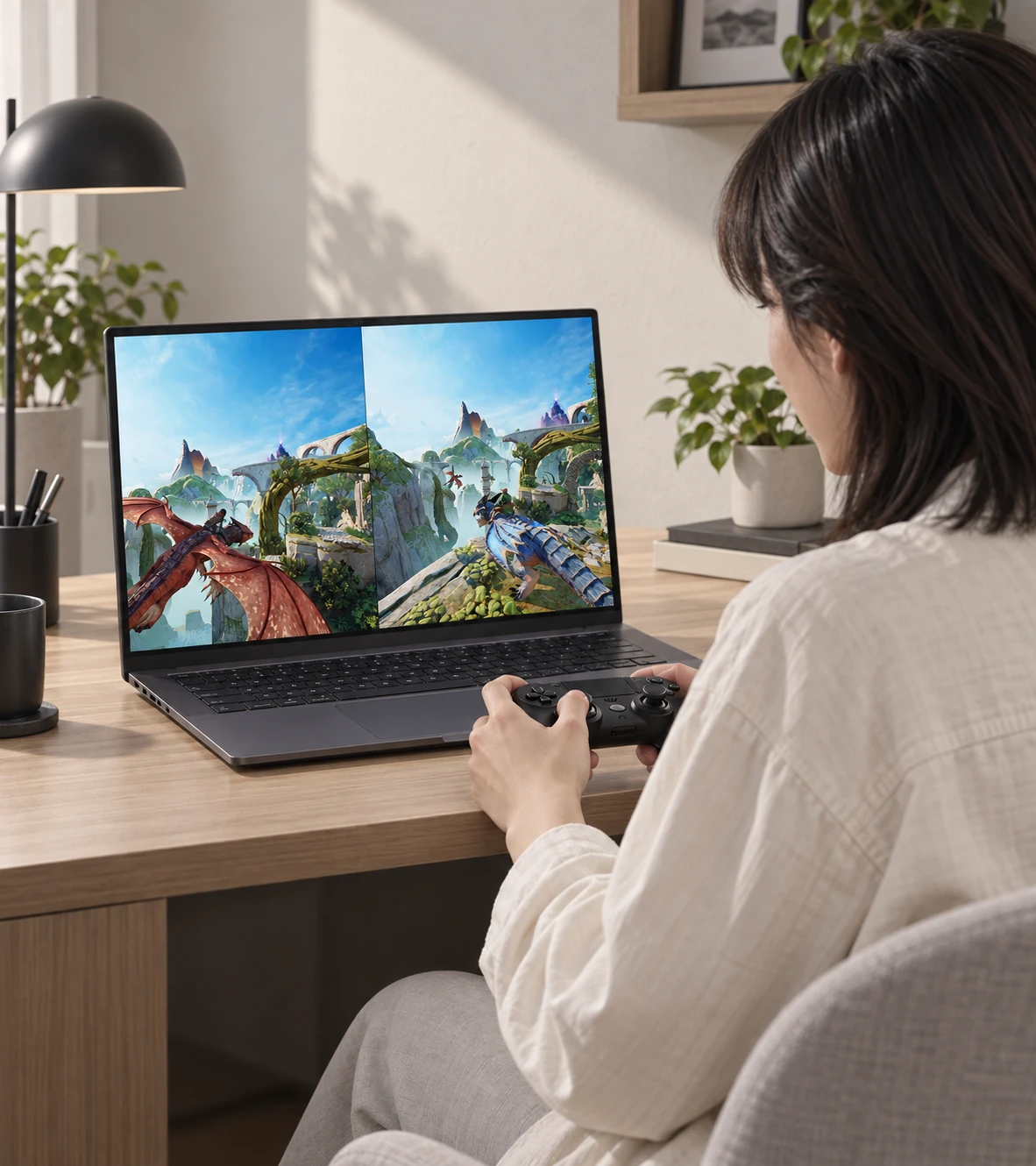 Separate AI-generated photography of the SOFA receiving device, composited with official game imagery: an adult player using a controller at a laptop, showing the same complete Split Fiction view as the host