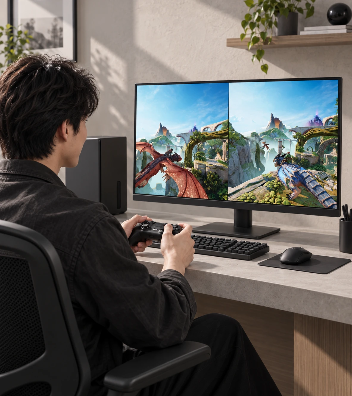 Separate AI-generated photography of the SOFA host, composited with official game imagery: an adult player holding a controller, with the desktop monitor showing the complete two-player split-screen view of Split Fiction