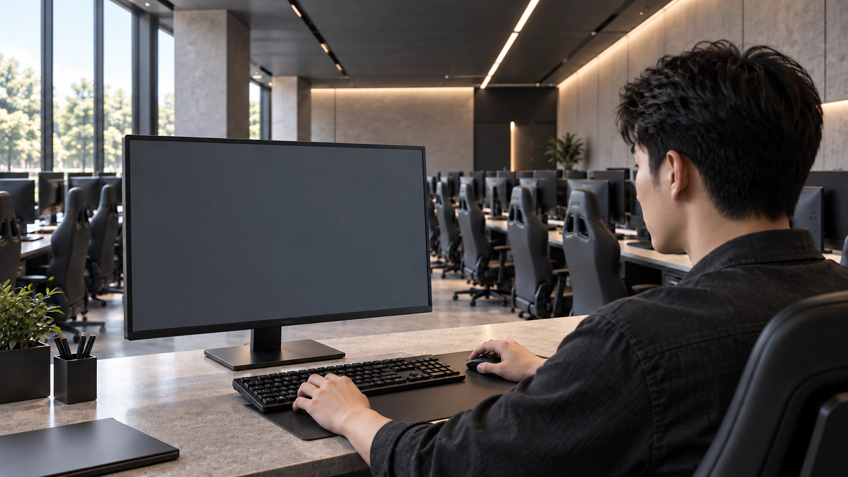 An operator preparing rows of gaming stations from a central console; an AI-generated photographic scene composited with Stellar's current session-preparation component 4K interface, showing three sample preparation targets